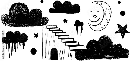 Surreal dreamscape with floating bed, stairway to clouds, and melting moon - design for imaginative art