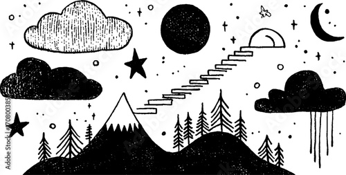 Surreal dreamscape with floating bed, clouds, and celestial elements for creative design