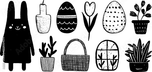 Charming easter scene with decorated eggs, rabbit, tulips, and basket for festive design