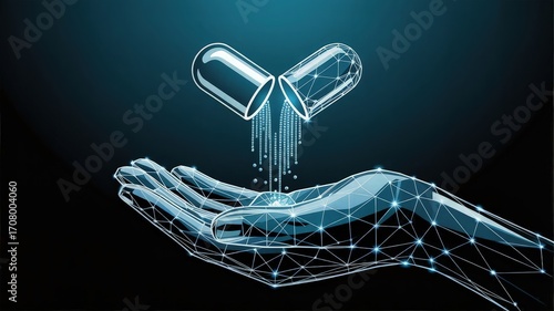 Healing Hands: A futuristic artistic rendering of a hand, rendered in a mesmerizing blue wireframe style, cradles a capsule of medicine, offering hope, care.
