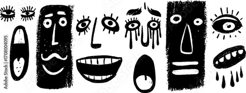Expressive mask faces set with laughing, crying, and screaming emotions in grunge style