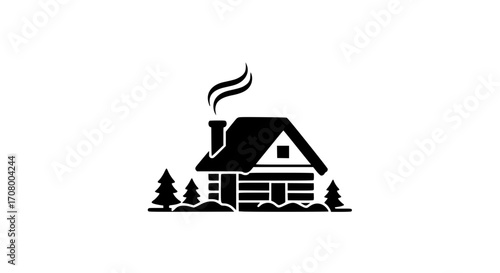 Wooden house in nature with chimney black white icon
