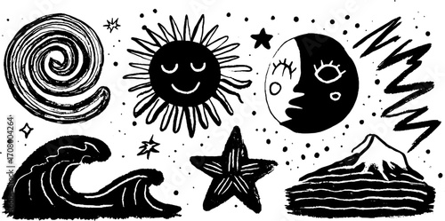 Abstract expression with spiral, sun, moon, waves, and mountain elements for creative design
