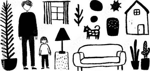 Family home scene with parent and child silhouettes in scandinavian style for decor