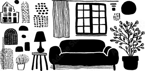 Cozy family home interior with sofa, silhouettes, and decorative elements