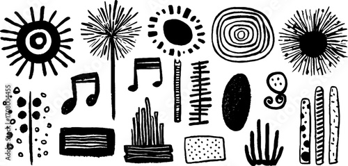 Abstract festival art with fireworks spirals and musical elements for creative designs