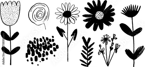 Abstract field flowers collection: daisies, spiral, clover for creative design projects