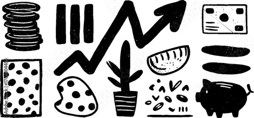 Financial growth icons set: wallet, bank, coins, and graph design for print