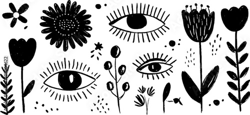 Whimsical eye and flower designs with sunflower and rose motifs for creative projects