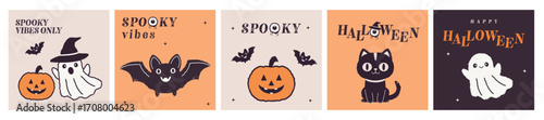 Halloween vector set with party cards and posters, hand-drawn calligraphy, playful ghosts, cute pumpkins, bats, and a cat. Ideal templates for web, social media, ads, and festive seasonal designs.