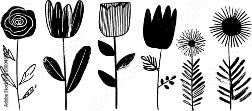 Artistic flower set featuring rose, tulip, daisy, and sunflower in hand-drawn style for botanical designs