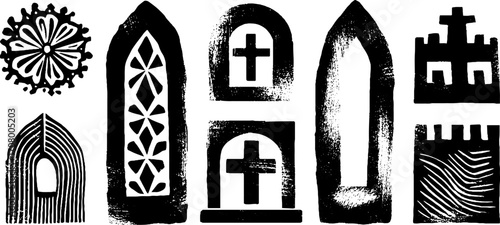 Gothic architecture elements: rose and arch windows with stained glass motifs
