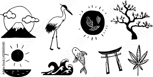 Japanese wabi sabi art collection featuring bonsai, tsunami wave, crane, and torii gate design