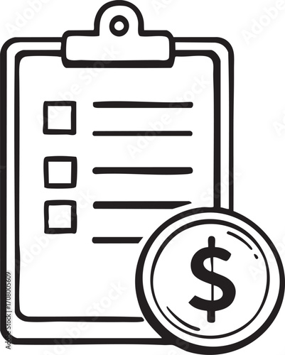 Financial Planning Icon Vector – Clipboard with Checklist and Dollar Coin Symbolizing Budgeting, Expense Tracking, and Strategy