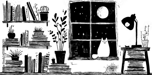 Cozy library scene with open bookshelves and plants for reading inspiration