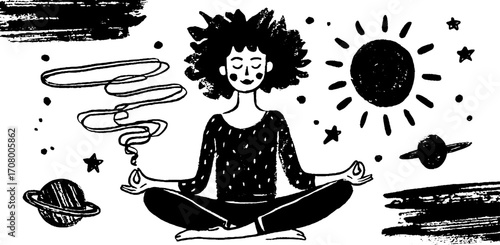 Meditation and relaxation: lotus pose with celestial elements for mindfulness practice