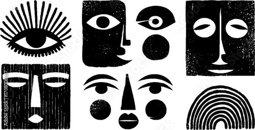Abstract minimalist faces and masks - artistic black and white set for creative design