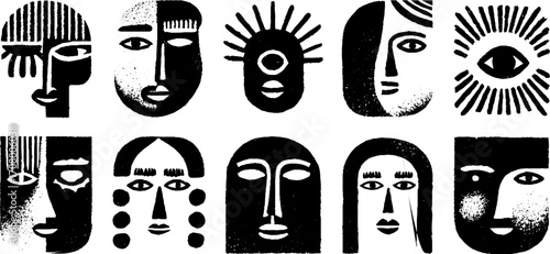 Minimal abstract faces and masks set in black and white for modern art and design projects