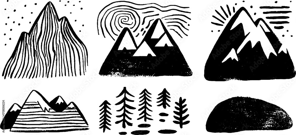 Fototapeta premium Mountain landscape textures with snowy peaks and tree silhouettes for design