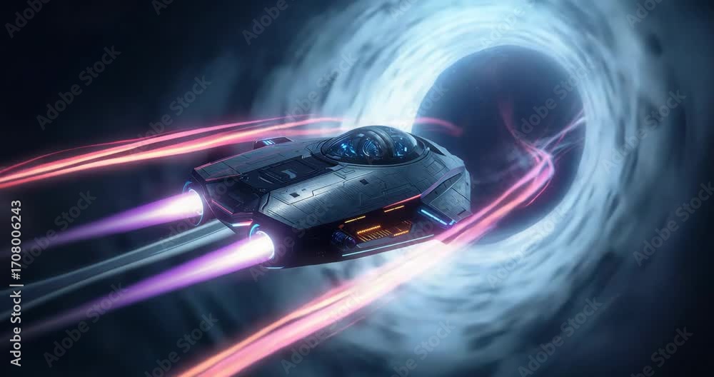 Emerging spacecraft racing into pink portal in deep space, with purple thruster trails