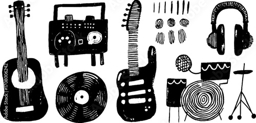 Music culture elements with guitar, dj turntable, and headphones silhouettes for creative design