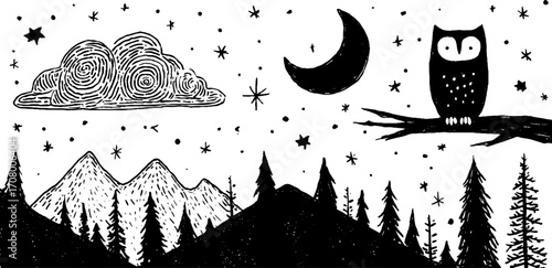 Nighttime wilderness with starry sky, crescent moon, and owl on branch