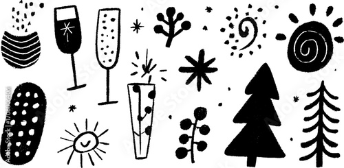 Festive new year celebration with abstract fireworks and champagne glasses design