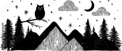 Nocturnal woodland scene with owl, crescent moon, and starry sky - ideal for prints and posters