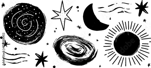 Celestial designs: night sky with stars, moon, and spiral galaxy for bohemian art