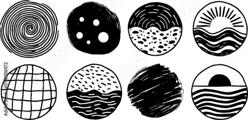 Ocean-inspired abstract set with spirals, sea foam, and wave patterns for artistic design