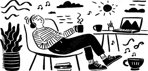 Relaxed office vibe with person reclining and listening to music