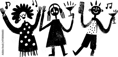 Celebratory party people dancing with raised hands and music vibes