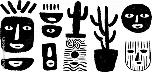 Abstract faces and nature elements in blackwork texture for creative design