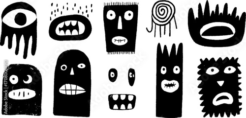 Abstract psychedelic faces with melting eyes and dripping mouths for unique design projects