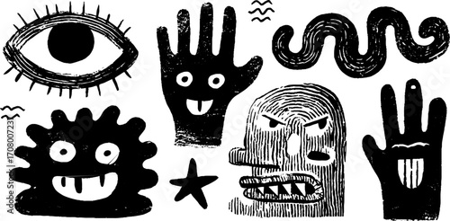 Quirky abstract collection of blob shapes with eye and mouth hybrid for creative designs