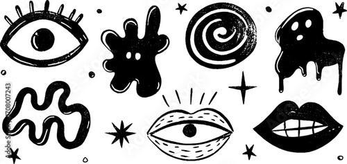 Quirky abstract set of wiggly lines and blob shapes in black and white design
