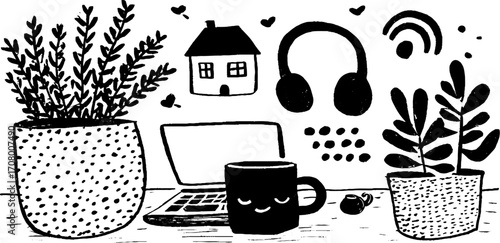 Cozy home workspace with laptop, coffee mug, and plants for remote work inspiration