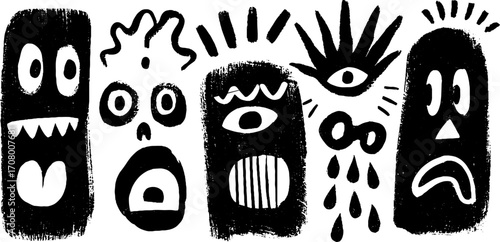 Expressive doodle faces with varied emotions in black and white for artistic design