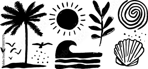 Summer beach scene with palm silhouettes and waves for design and decor