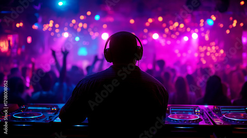 DJ mixing tracks in a vibrant neon-lit club with energetic crowd