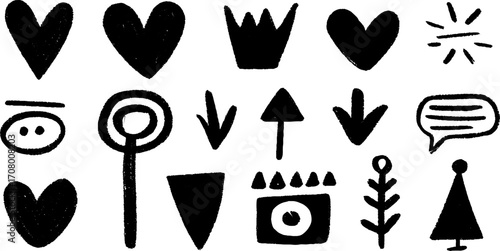 Hand drawn social media icons set with hearts and speech bubbles for digital design