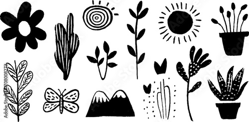 Spring abstract collection of blooming flowers with raindrops design for art projects