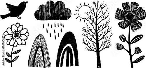 Spring nature scene with blooming flowers bird in flight and sun