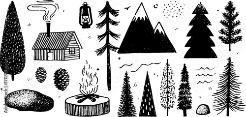 Rustic spring forest elements with cabin, lantern, and pine trees for woodland design