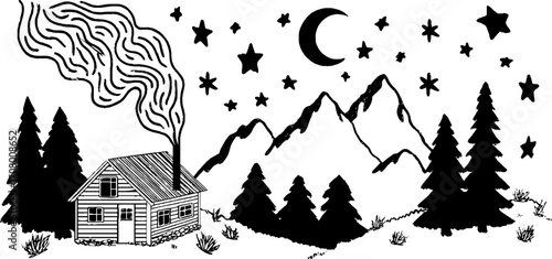 Enchanting spring forest cabin with pine trees, smoking chimney, and celestial stars