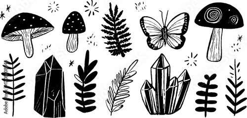 Wallpaper Mural Spring botanical and crystal elements with mushroom and fern illustrations Torontodigital.ca