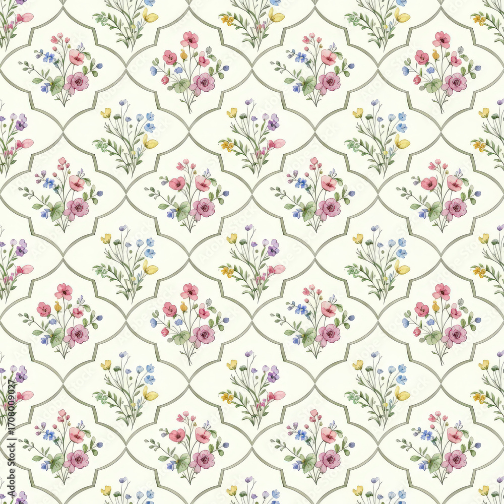 custom made wallpaper toronto digitalDelicate Floral Trellis Pattern with Pastel Roses and Blossoms on a Creamy Background, Evoking Timeless Charm and Garden Freshness in Decorative Surface Design