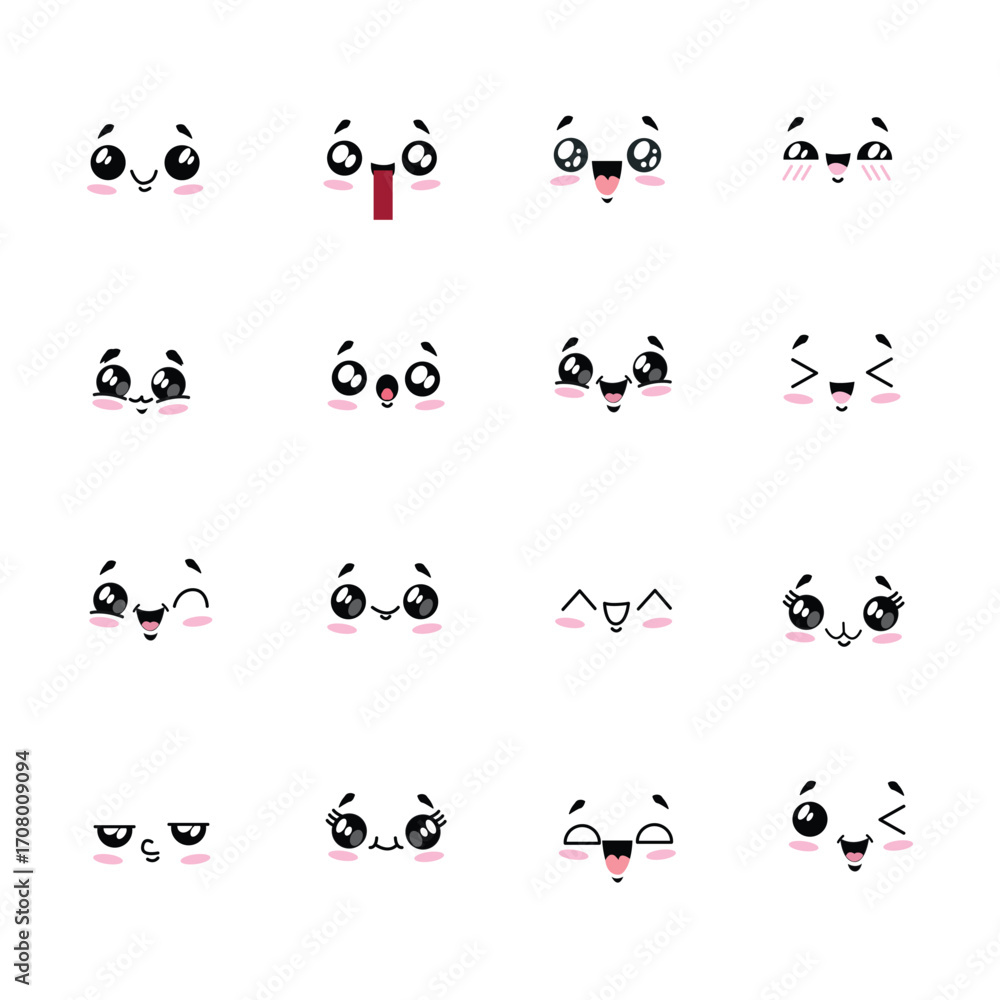 Naklejka premium Kawaii Cute Faces Vector Set – Cartoon Expressions Pack