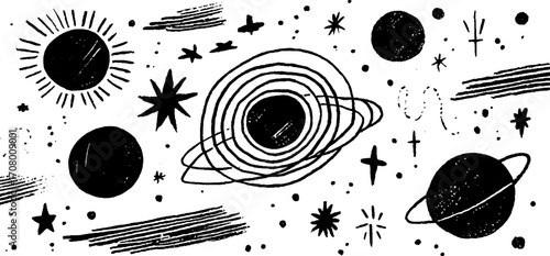 Cosmic spring set: spiral galaxy and orbiting rings in celestial design