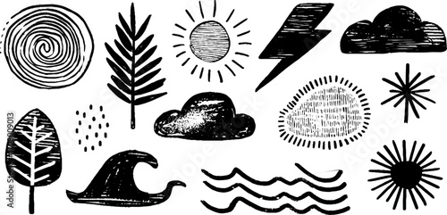 Spring elements set: spiral, sun, thunder, cloud, wave patterns for design